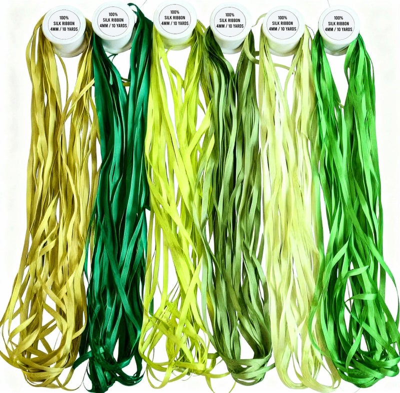 ThreadNanny New ThreadNanny 6 Spools of 100% Pure Silk Ribbons - Green Tones - 60 MTS x 4mm - Image 1
